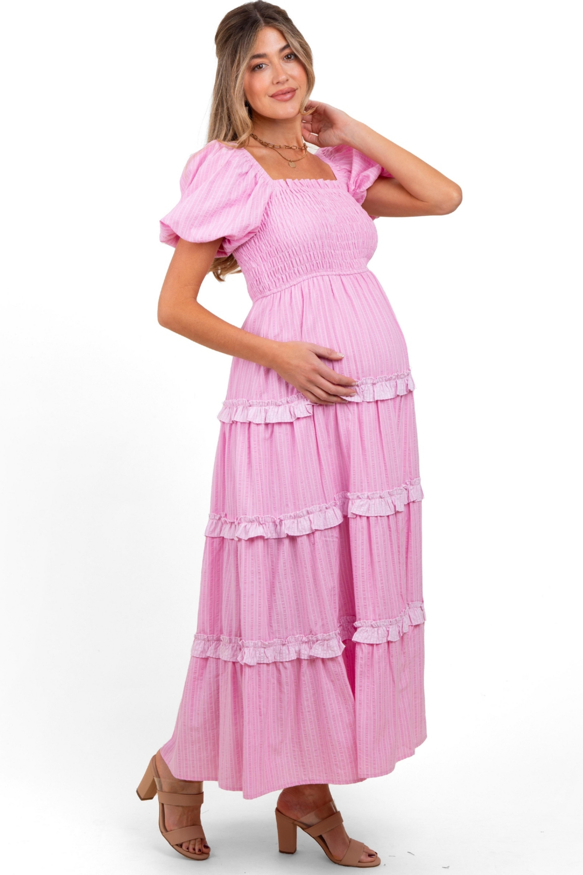 Pinkblush Maternity Pink Smocked Ruffle Tiered Puff Sleeve Maxi Dress