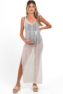 Maternity Mocha Crochet V-Neck Side Slit Cover Up