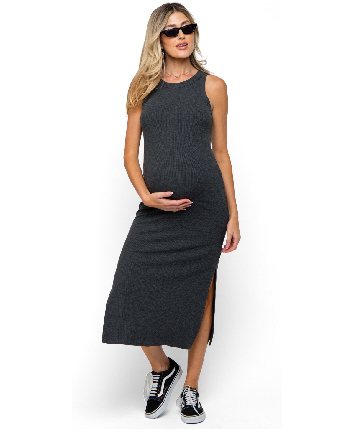 Pinkblush Maternity Taupe Ribbed Side Slit Tank Dress