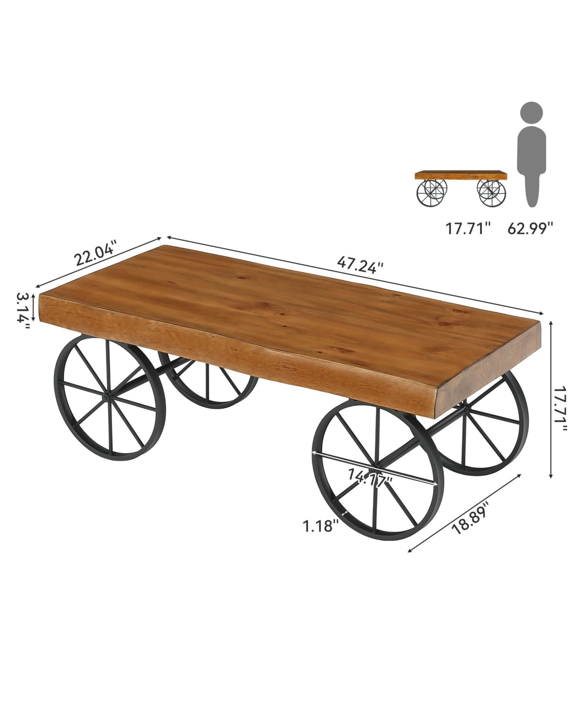 Tribesigns Solid Wood Coffee Table for Living Room, 47.2" Industrial Center Table with Live Edge Tabletop and Metal Wheel Legs