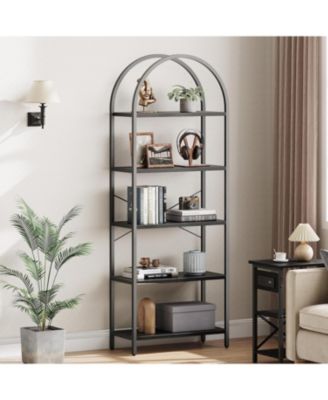 5 Tier Arched Bookshelf, Marble Effect Tall Bookcase with Metal Frame