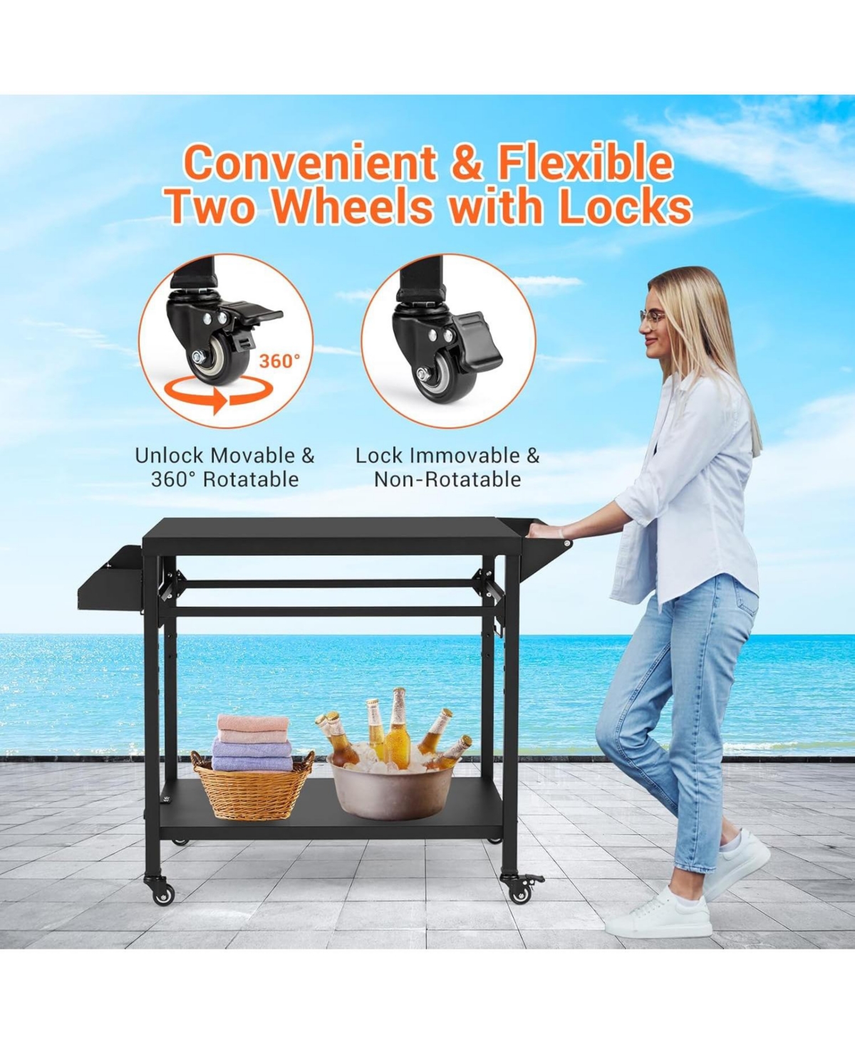 Xo Outdoor Grill Cart with Wheels, 2-Shelf Bbq Prep Table, Pizza Oven Stand, Heavy Duty Metal for Patio Camping