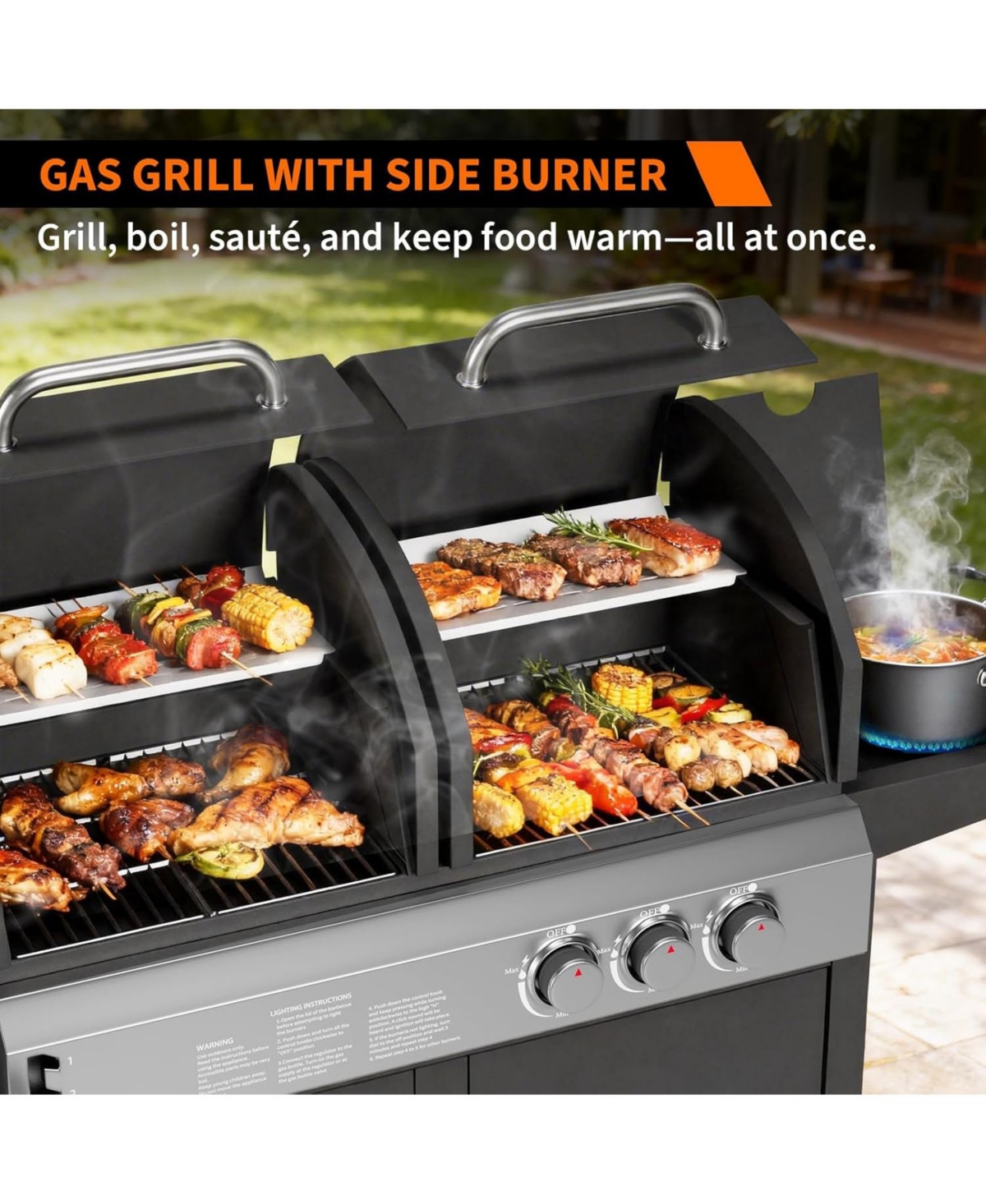Xo Propane Gas and Charcoal Grill Combo, 3 Burner Dual Fuel Bbq with Side Burner, Wheels Cabinet