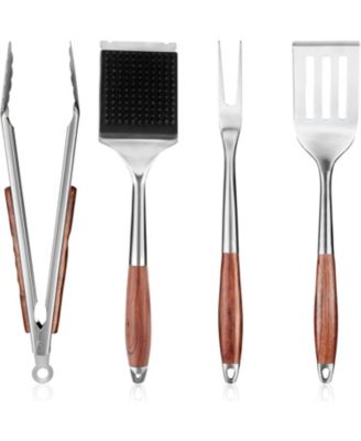4-Piece BBQ Tools Set, Stainless Steel Spatula Fork Brush Tongs, Rosewood Handles