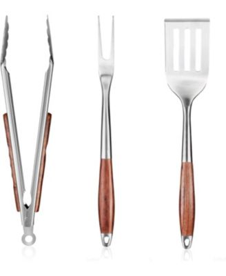 3-Piece BBQ Tools Set, Stainless Steel Spatula Fork Tongs, Rosewood Handles for Grilling