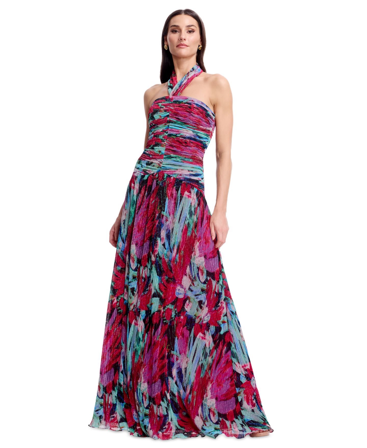 Женские платья Dress the Population Printed Halter Neck Ruched Drop Waist Gown, цвет: Яркий фуксия разноцветный — фото 6