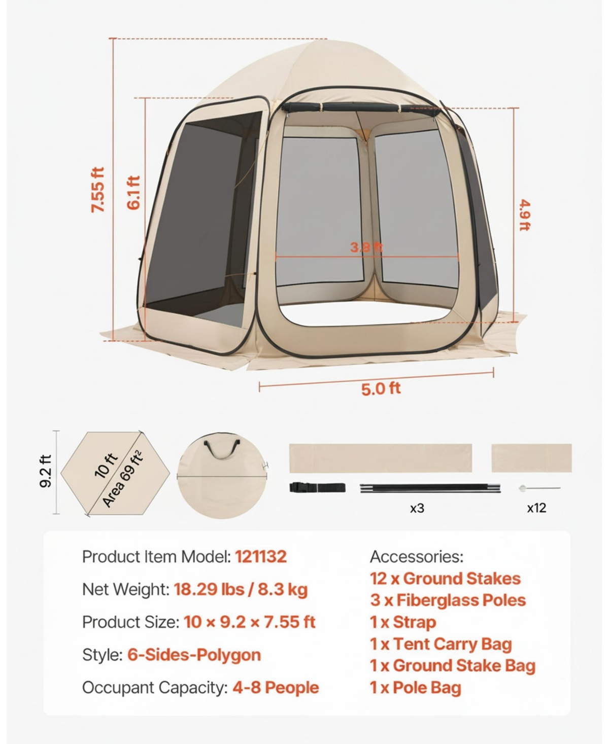Gouun Pop Up Screen House Tent 10x9.2 feet for 4-8 People with Carry Bag, Netting Sides and Ground Stakes