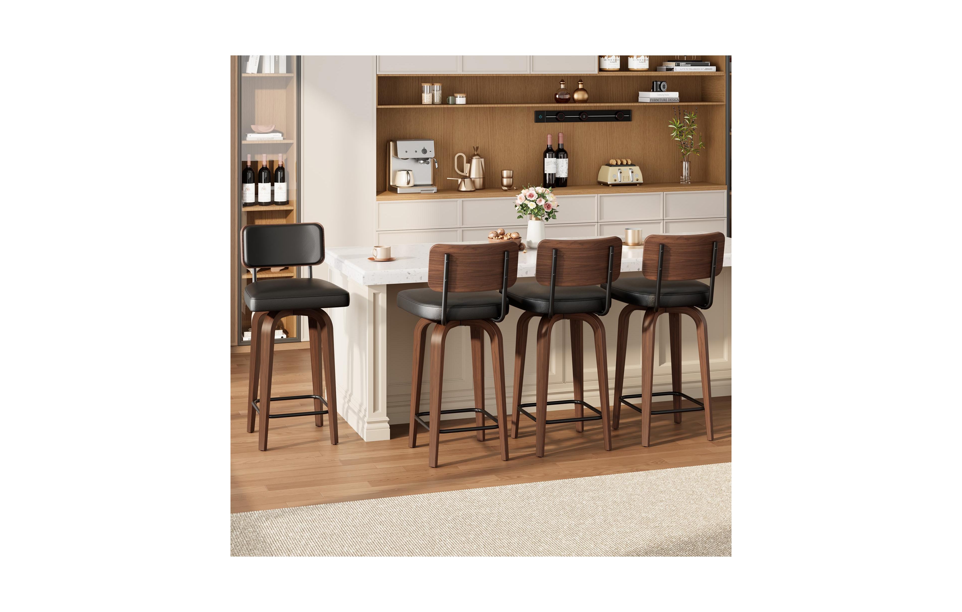 homfan Swivel Bar Stools Set of 4, 26" Upholstered Counter Height Stools with Back, Mid Century Chair for Kitchen Counter, Faux Leather Stools