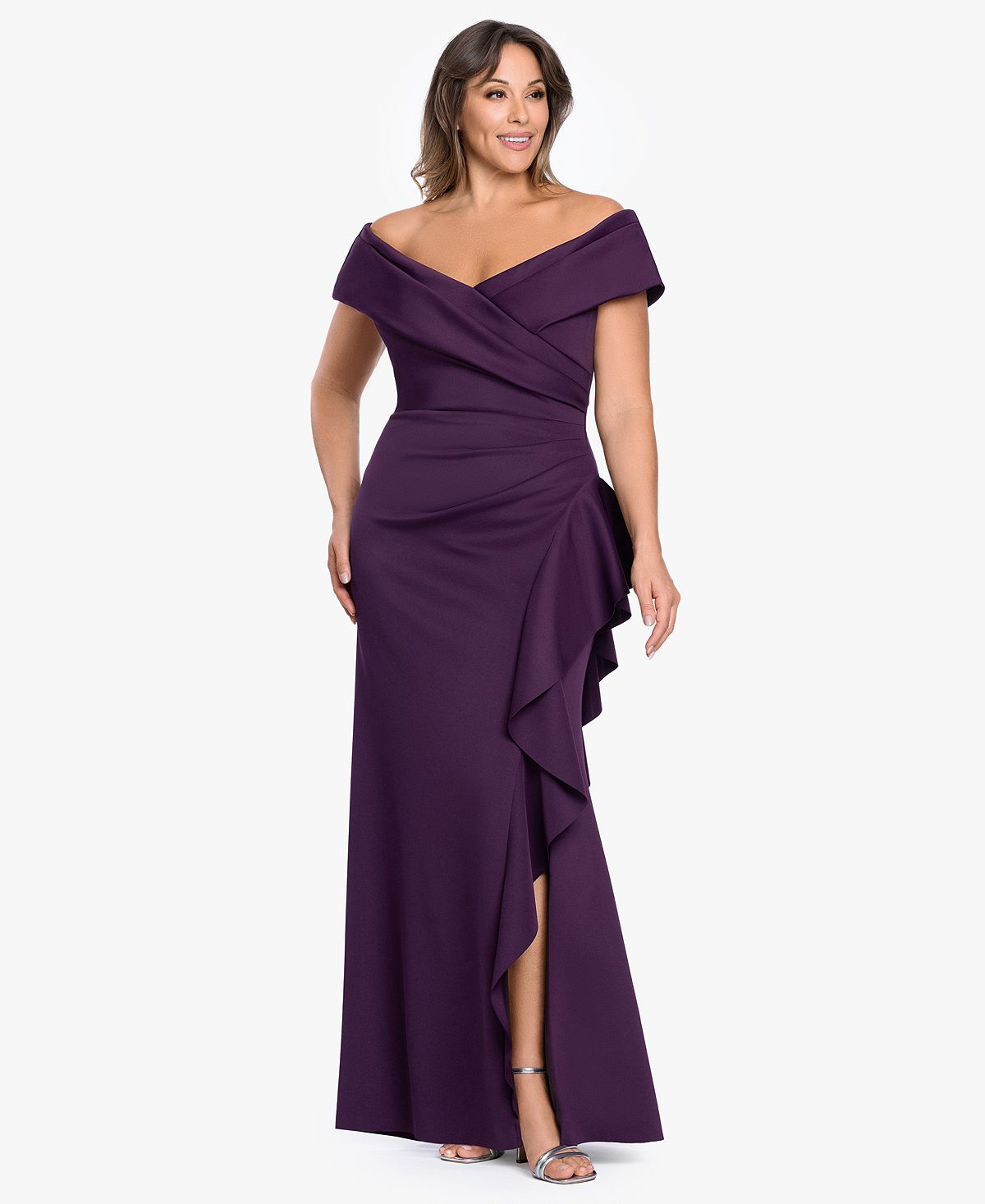 XSCAPE Women's Sweetheart Neck Side Ruffle Off-The-Shoulder Long Dress view 1 — MAYCSS fashion products