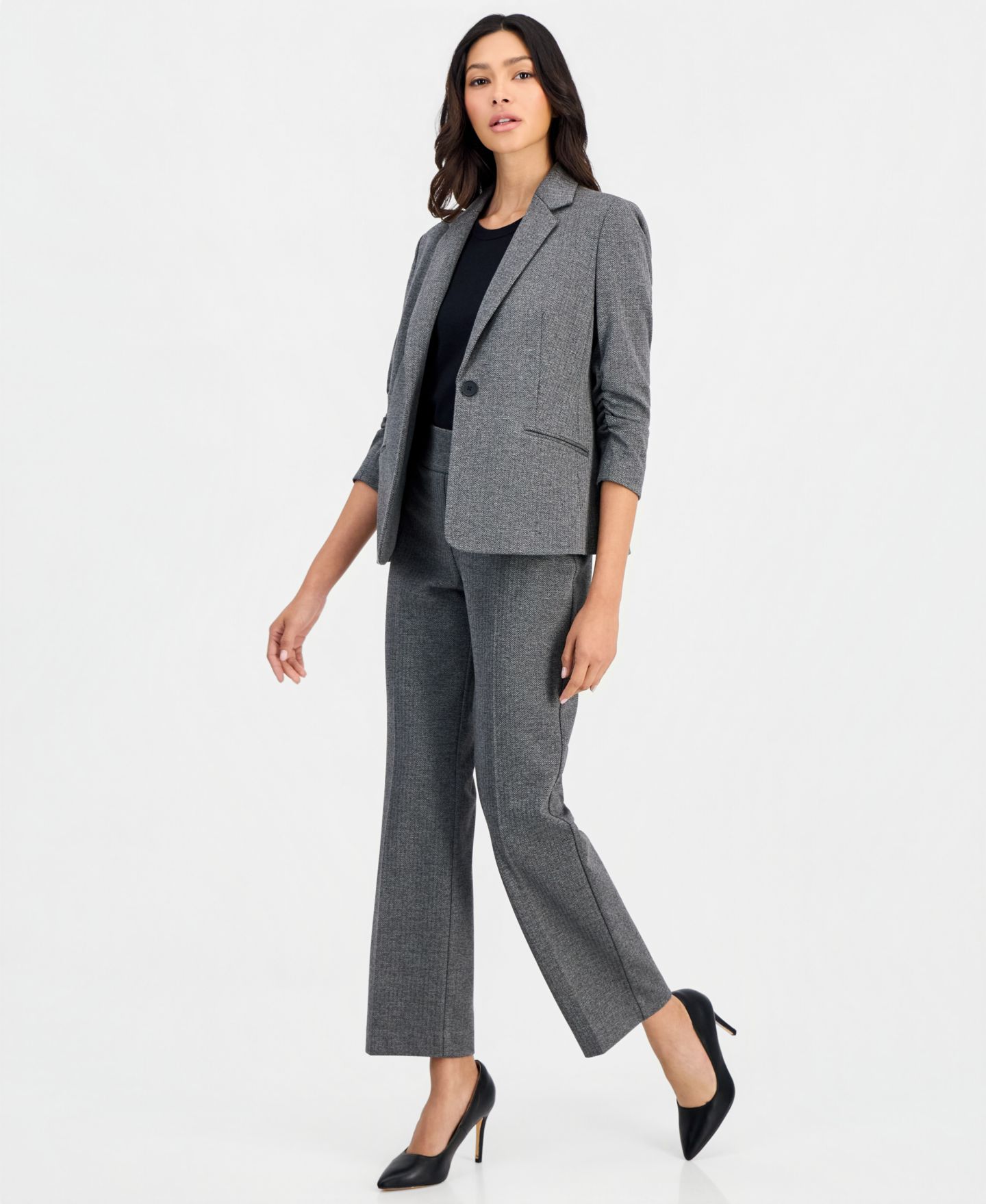 Женский пиджак Anne Klein Essentials Petite Ponte Scrunch-Sleeve Blazer, цвет: Чёрный / Серый — фото 3