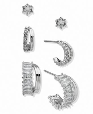 3-Pc. Cubic Zirconia Silver-Tone Round and Baguette Earrings Set