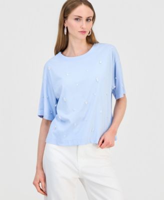 Women's Imitation Pearl Embellished Short Sleeve T-Shirt