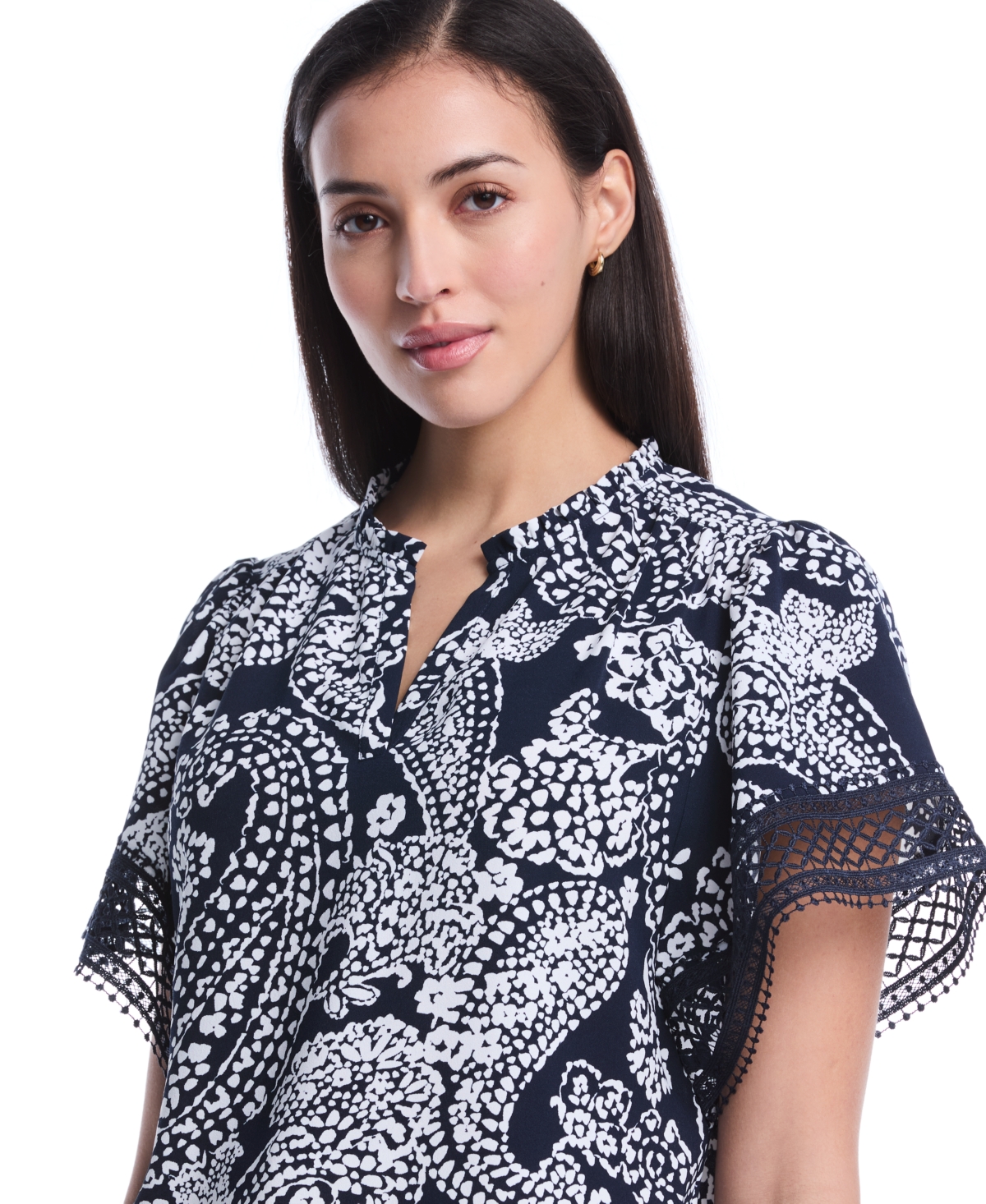 Rafaella Women's Petite Paisley Print Flutter Lace Short Sleeve Blouse