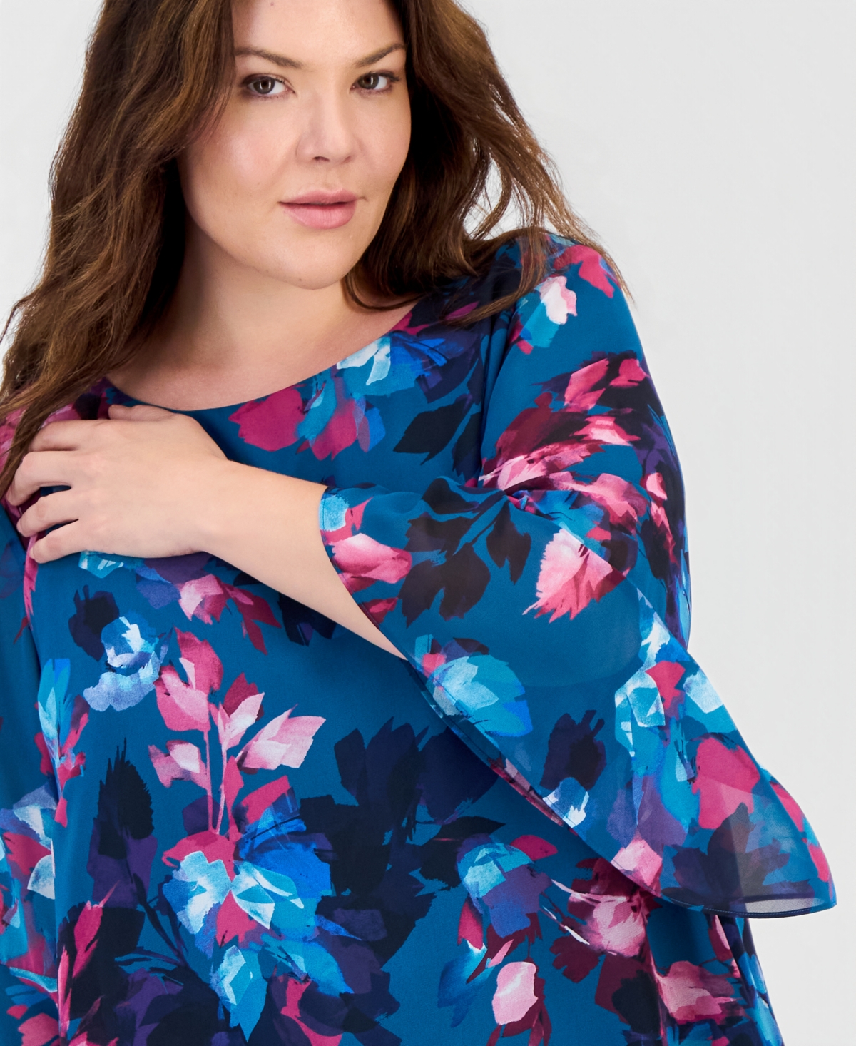 Kasper Plus Boat-Neck Ruffle-Sleeve Blouse