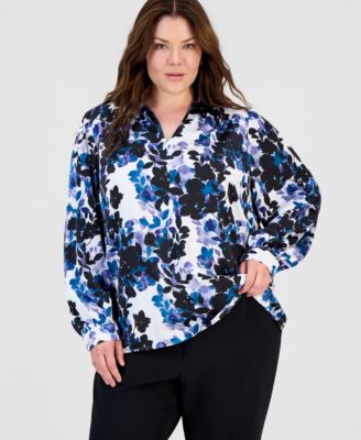 Plus Size Printed V-Neck Blouson-Sleeve Blouse