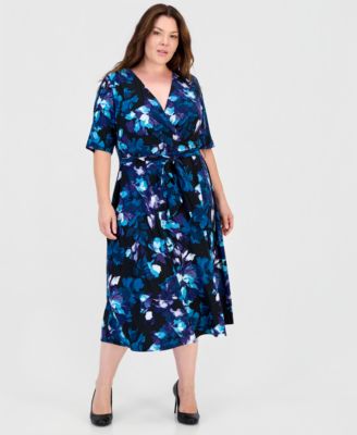 Plus Size Floral Fit & Flare Faux-Wrap Midi Dress