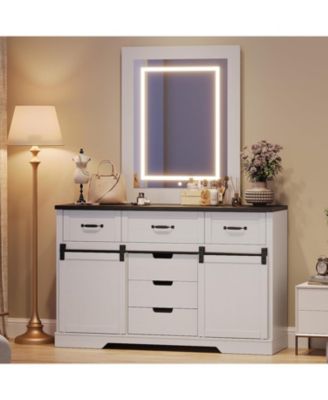 6 Drawer Dresser with Mirror, Makeup Vanity Chest with Sliding Barn Doors for Bedroom