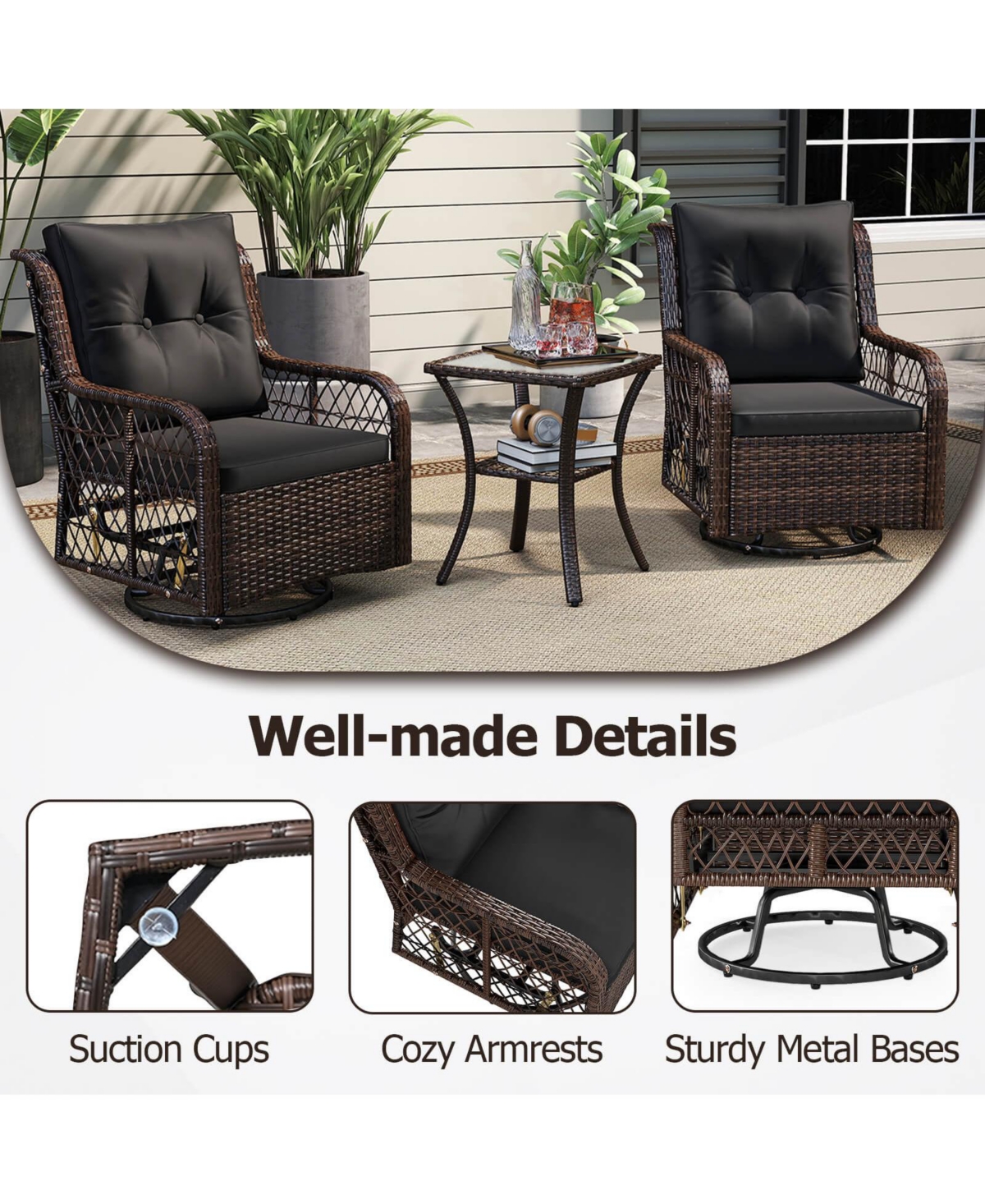 Costway 3 Piece Patio Furniture Set with 2-Tier Side Table and Cushions for Porch
