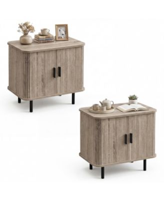 2-Pieces End Table Mid Century Nightstand with Sliding Tambour Doors and Storage Shelf