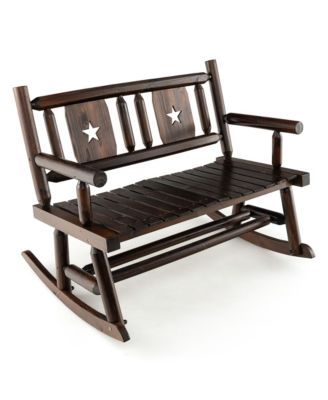 Outdoor Carbonized Wood Rocking Bench Double Rocking Chair for 2 Persons with Wide Curved Seat