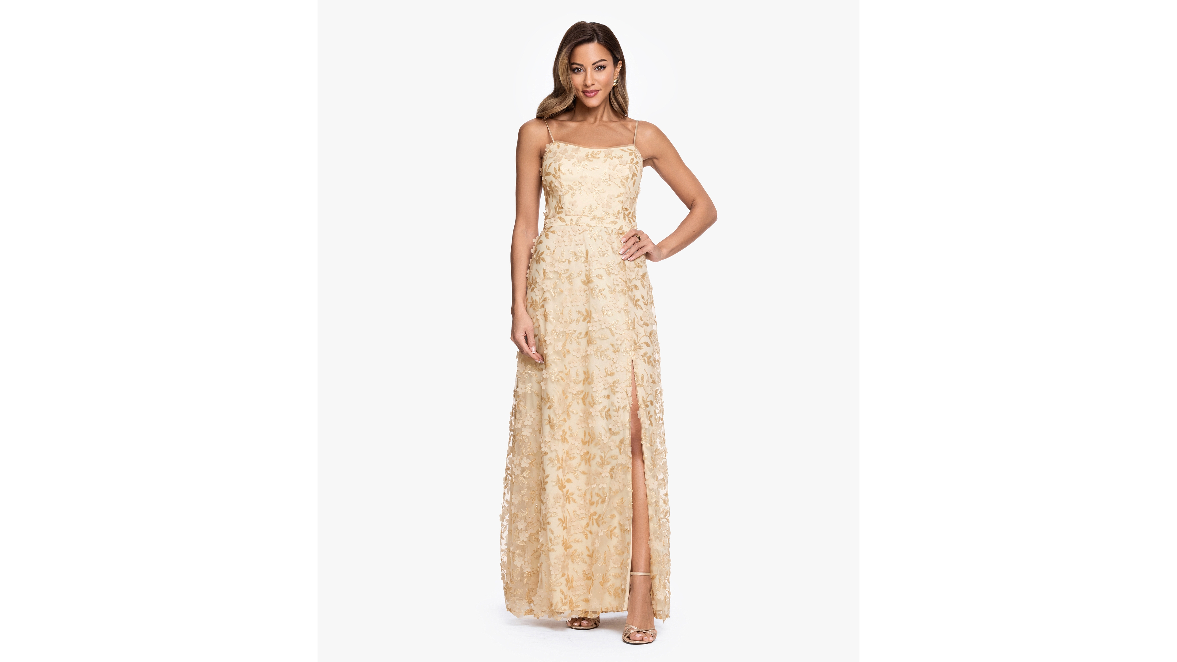 Xscape Women's Square Neck 3D Floral Embellished Ball Gown