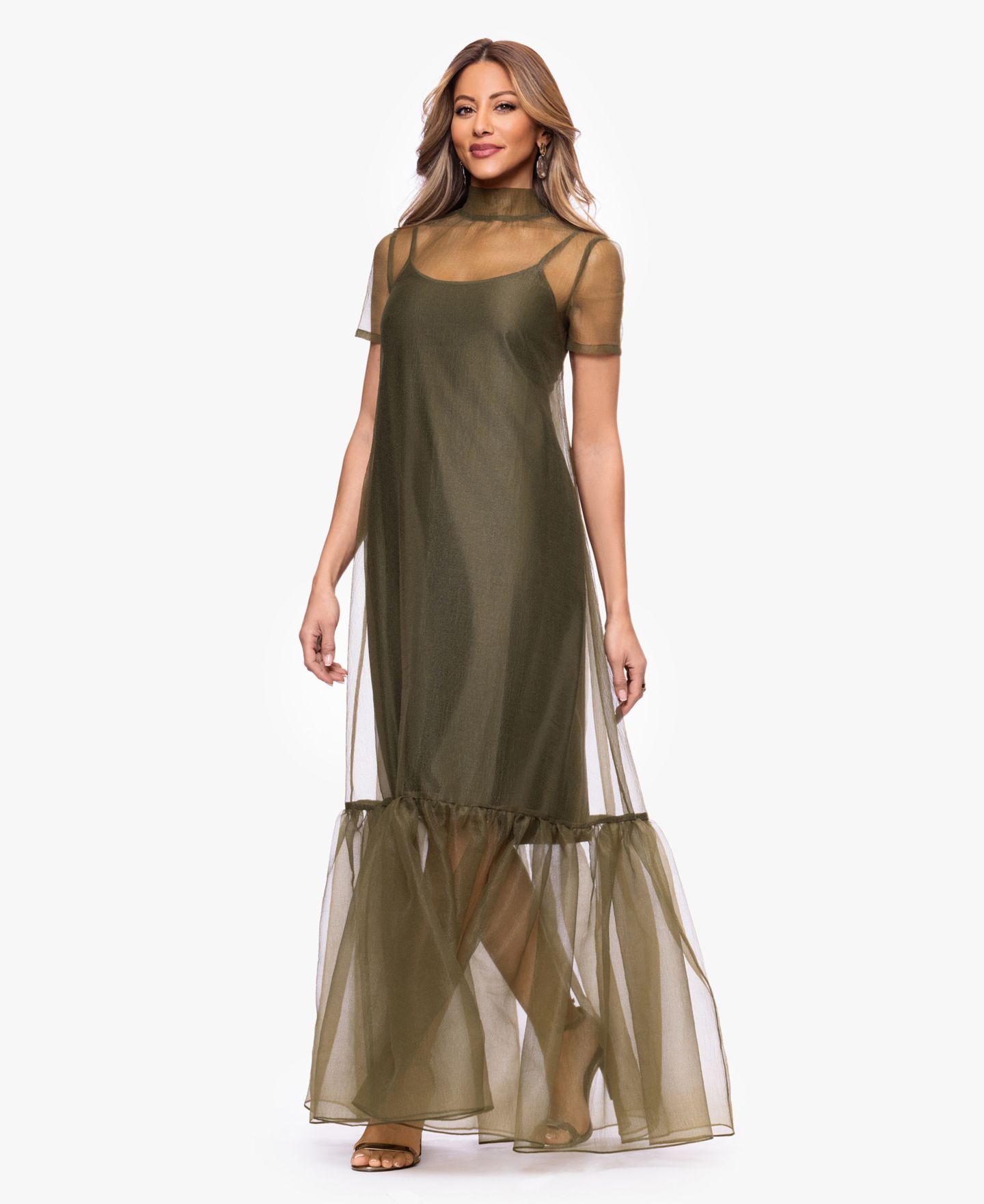 Женские платья XSCAPE Turtle Neck Organza Overlay Ball Gown, цвет: Оливковый — фото 6
