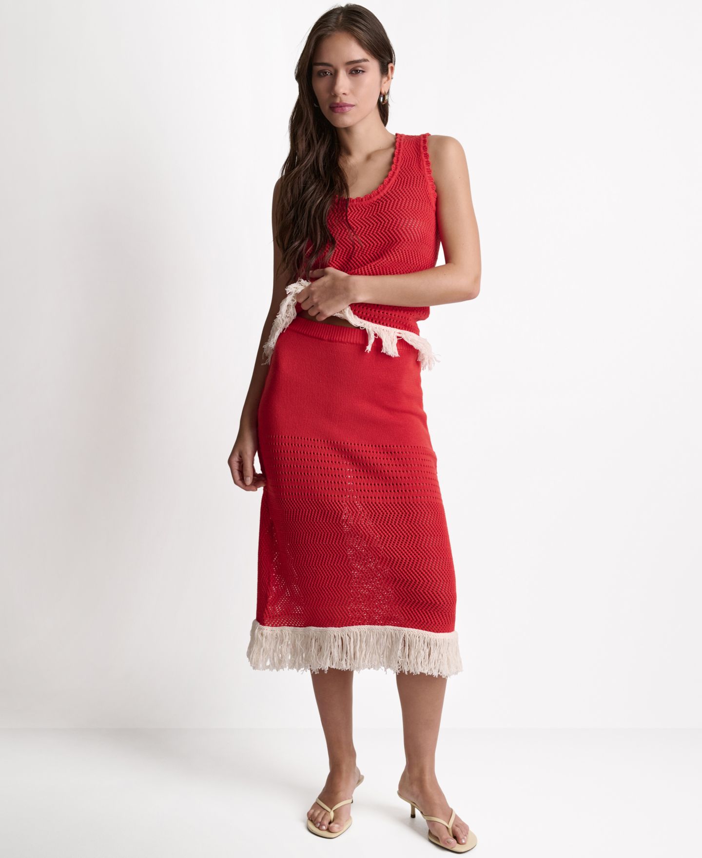 Женская юбка BCBG Fringe Pointelle A-Line Midi, цвет: Firelily/Buttercream — фото 4