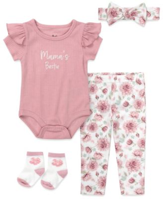 Baby Girls' Short-Sleeve Bodysuit, Socks, Headband and Leggings, 4-Piece Set