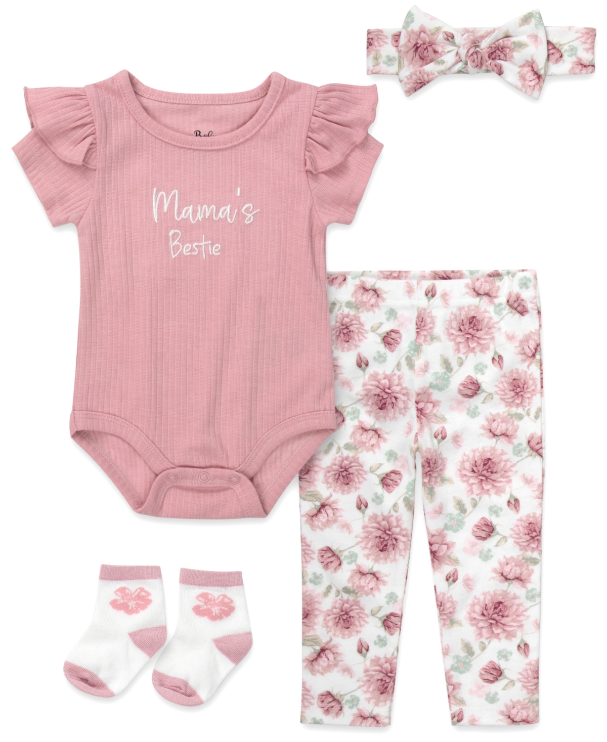 Baby Essentials Baby Girls' Short-sleeve Bodysuit, Socks, Headband And Leggings, 4-piece Set In Pink