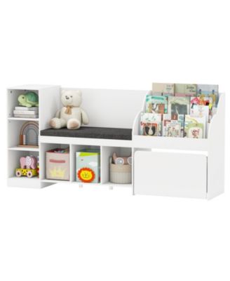 Wooden Kids Bookshelf with Reading Nook Padded Seat Open Cubes Adjustable Shelf