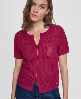 Women's Short-Sleeve Crew Neck Floral Pointelle Cardigan