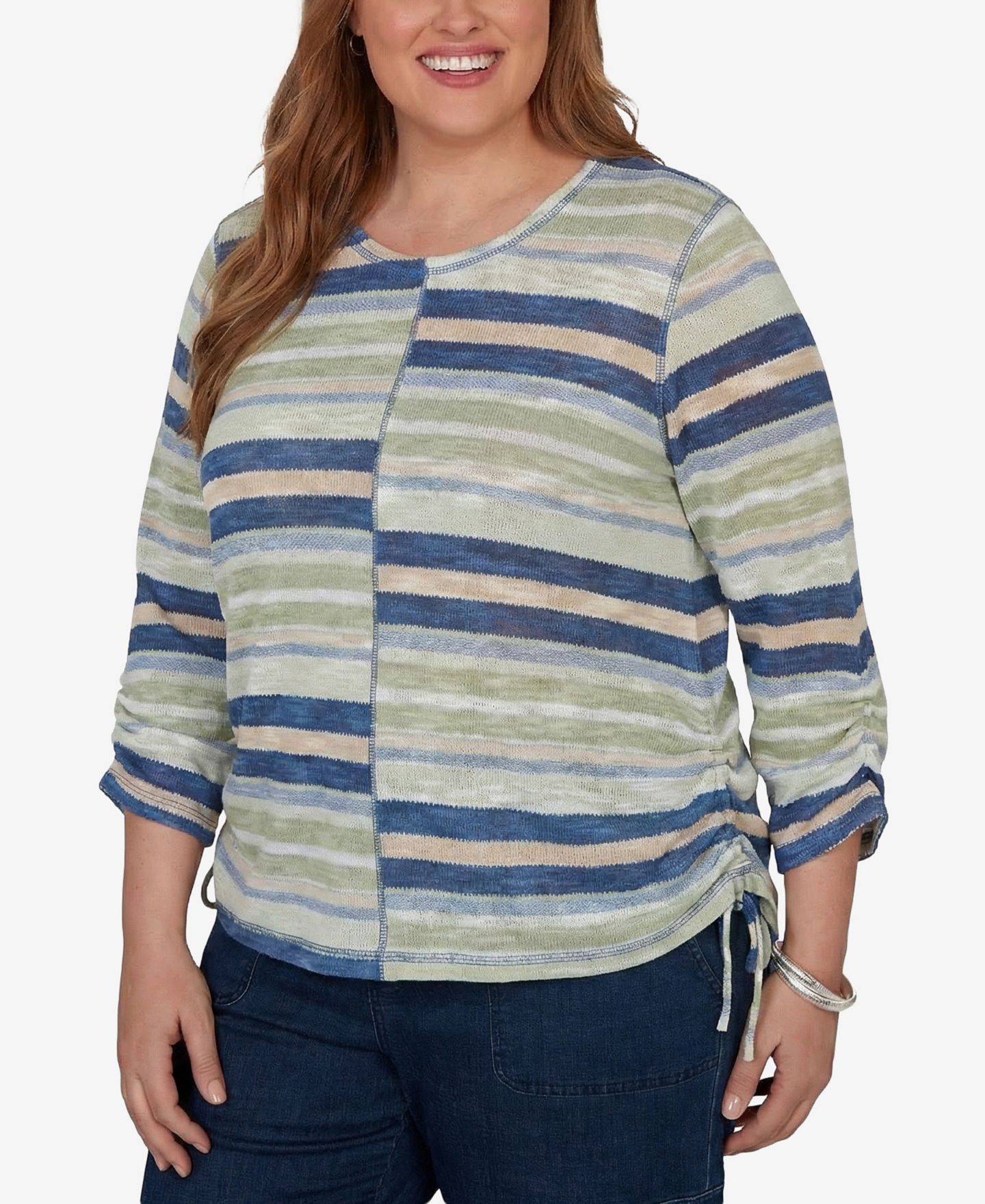 Женский топ Alfred Dunner Plus Size Spliced Multi Stripe Knit, цвет: Зелёный разноцветный — фото 2