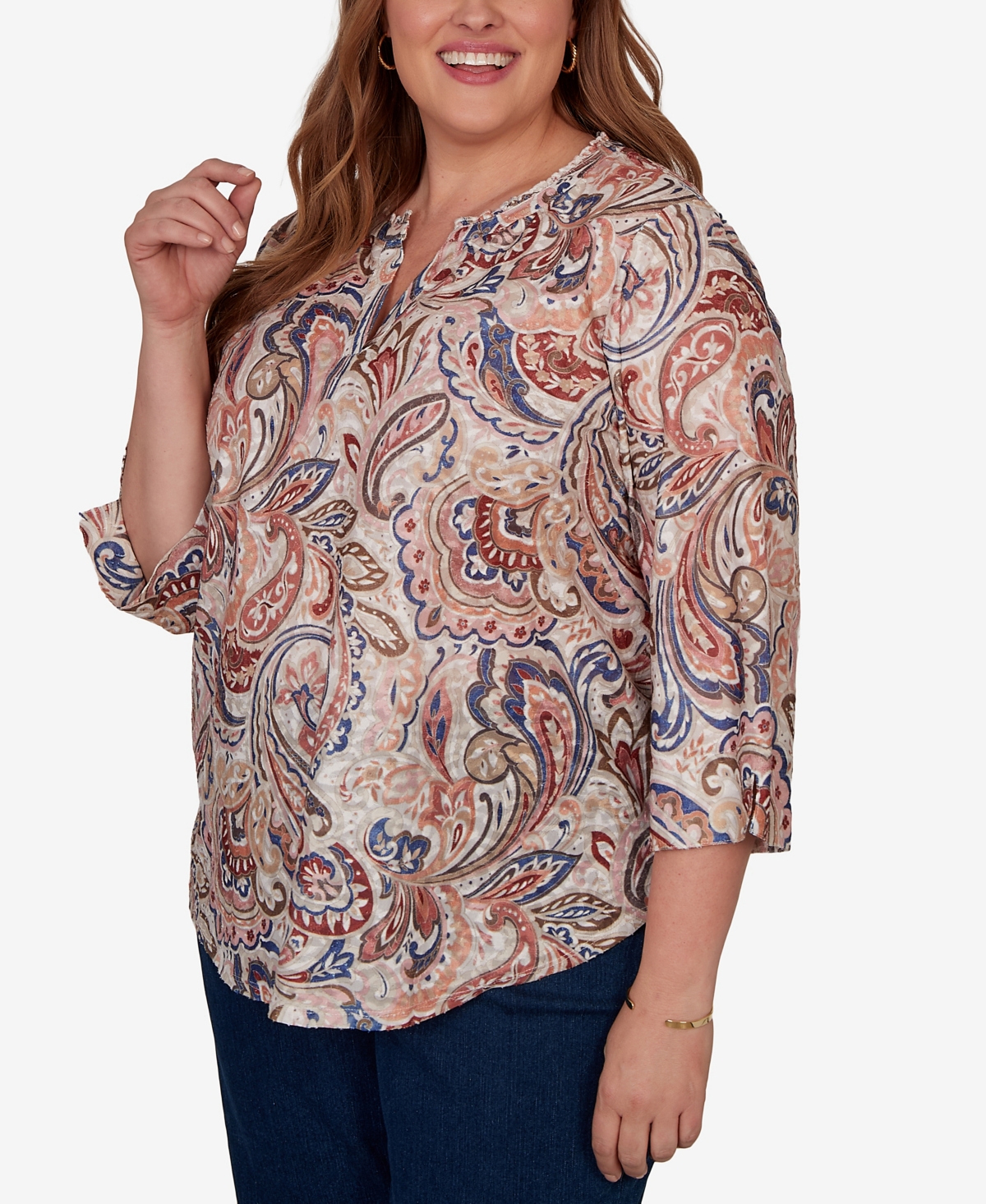 Alfred Dunner Plus Camden Market Paisley Split Neck Knit Top