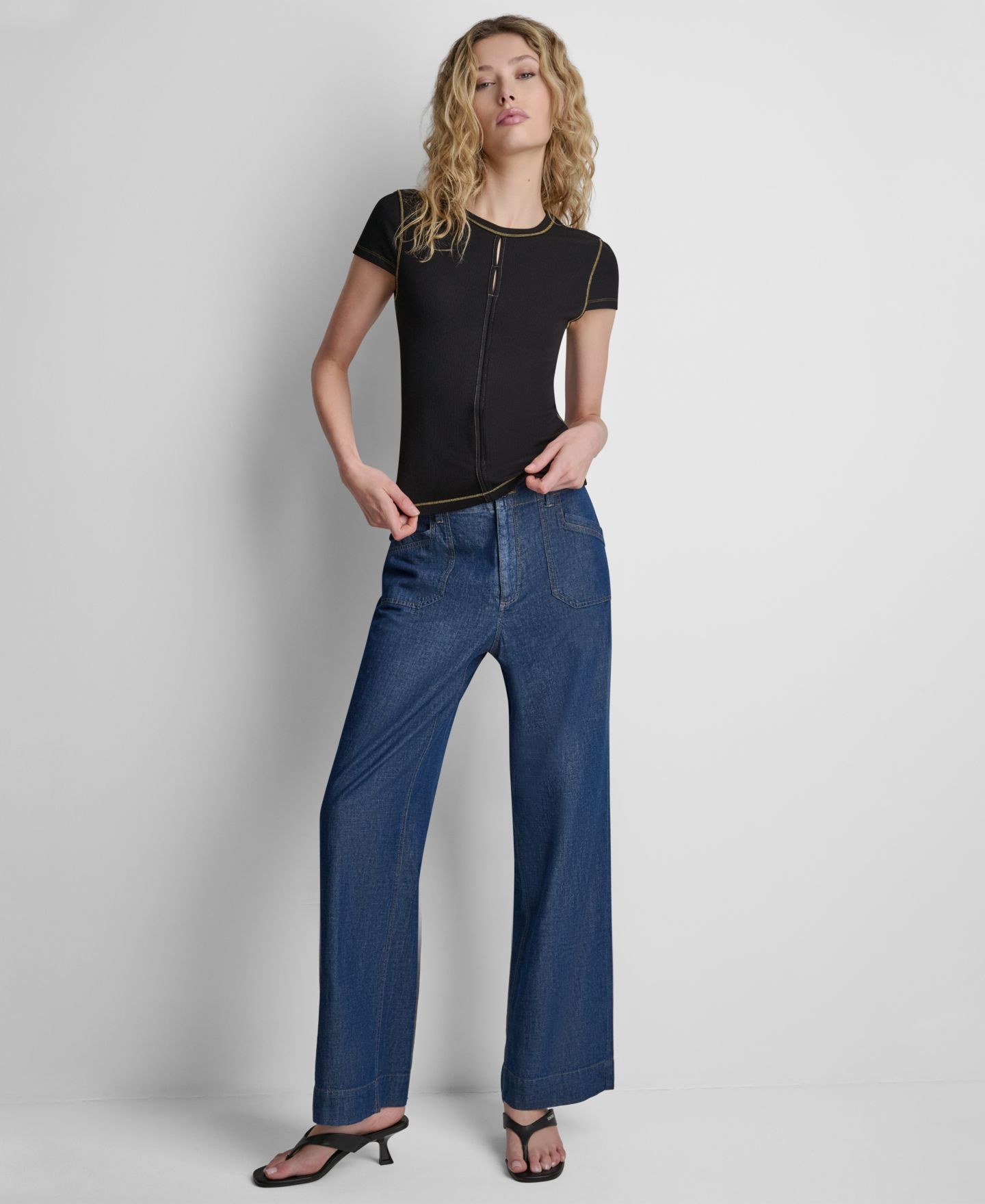 Женский топ DKNY Crewneck Contrast Stitch Top, цвет: Чёрный — фото 2