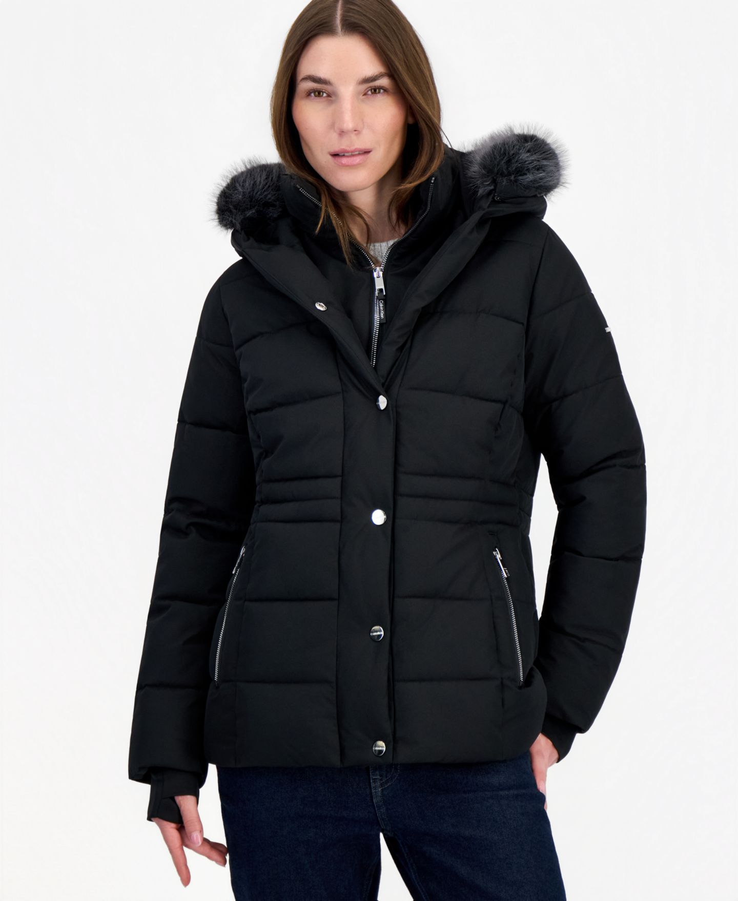 Женская куртка Calvin Klein Faux-Fur Hooded Utility Puffer, цвет: Чёрный — фото 1