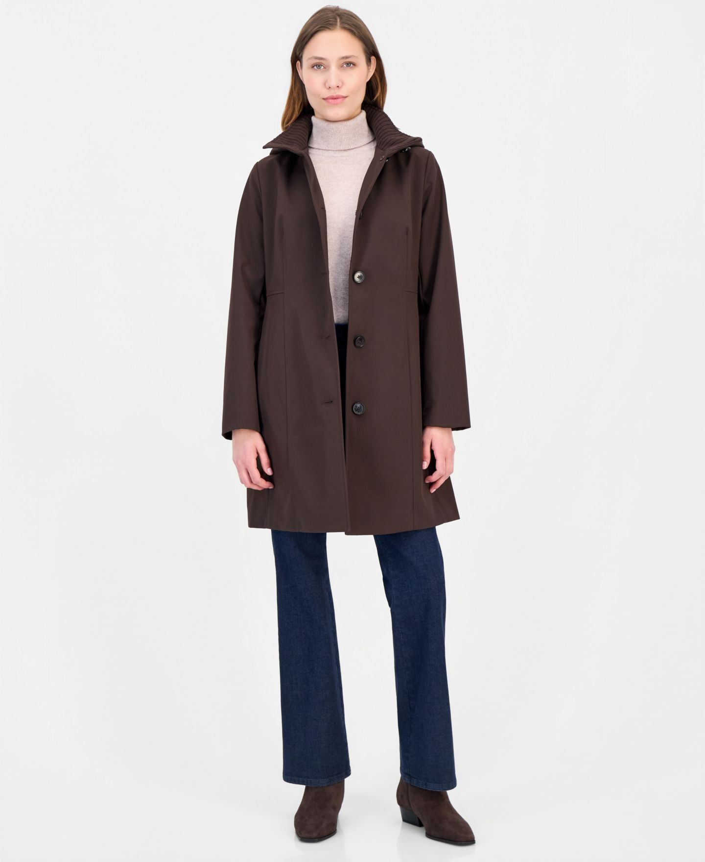 Женское пальто Calvin Klein Hooded Button-Front Knit Collar Coat, цвет: Чёрный кофейный — фото 2