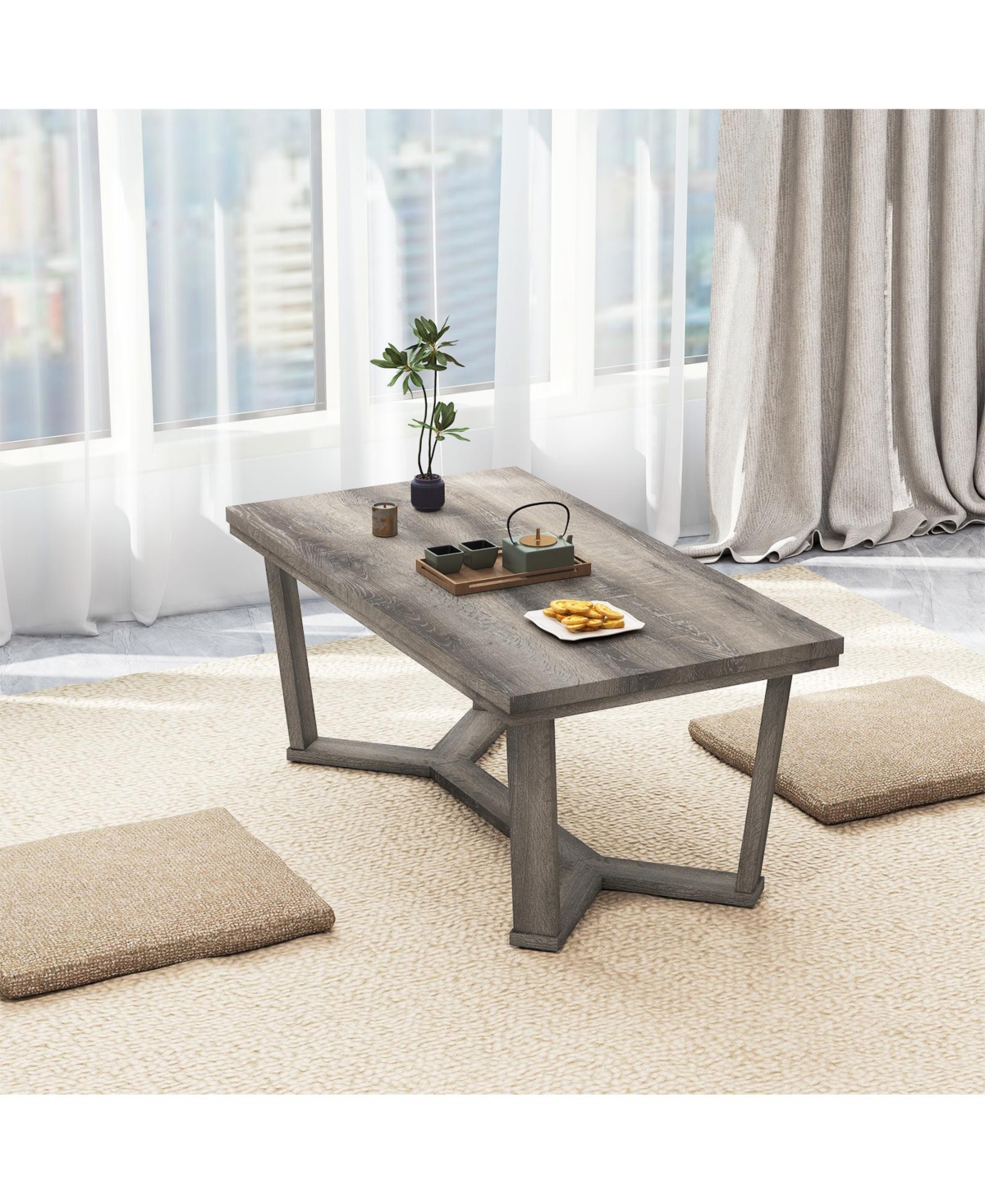 Gymax Coffee Table Solid Rubber Wood Center Table With Cross-Shaped Base Accent Table