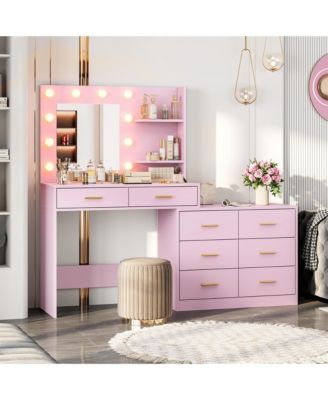 61" Make Up Vanity Desk with Mirror and Lights, Vanity with 8 Wide Storage Drawers and 2 Tier Shelves