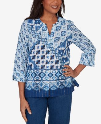 Petite Indigo Girls Ikat Tie-Dye Patchwork Henley Top