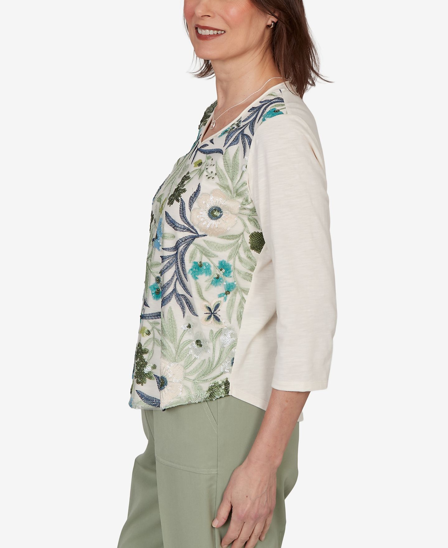 Женский топ Alfred Dunner Petite Sequined Floral Mesh Overlay Knit, цвет: Слоновая кость — фото 3