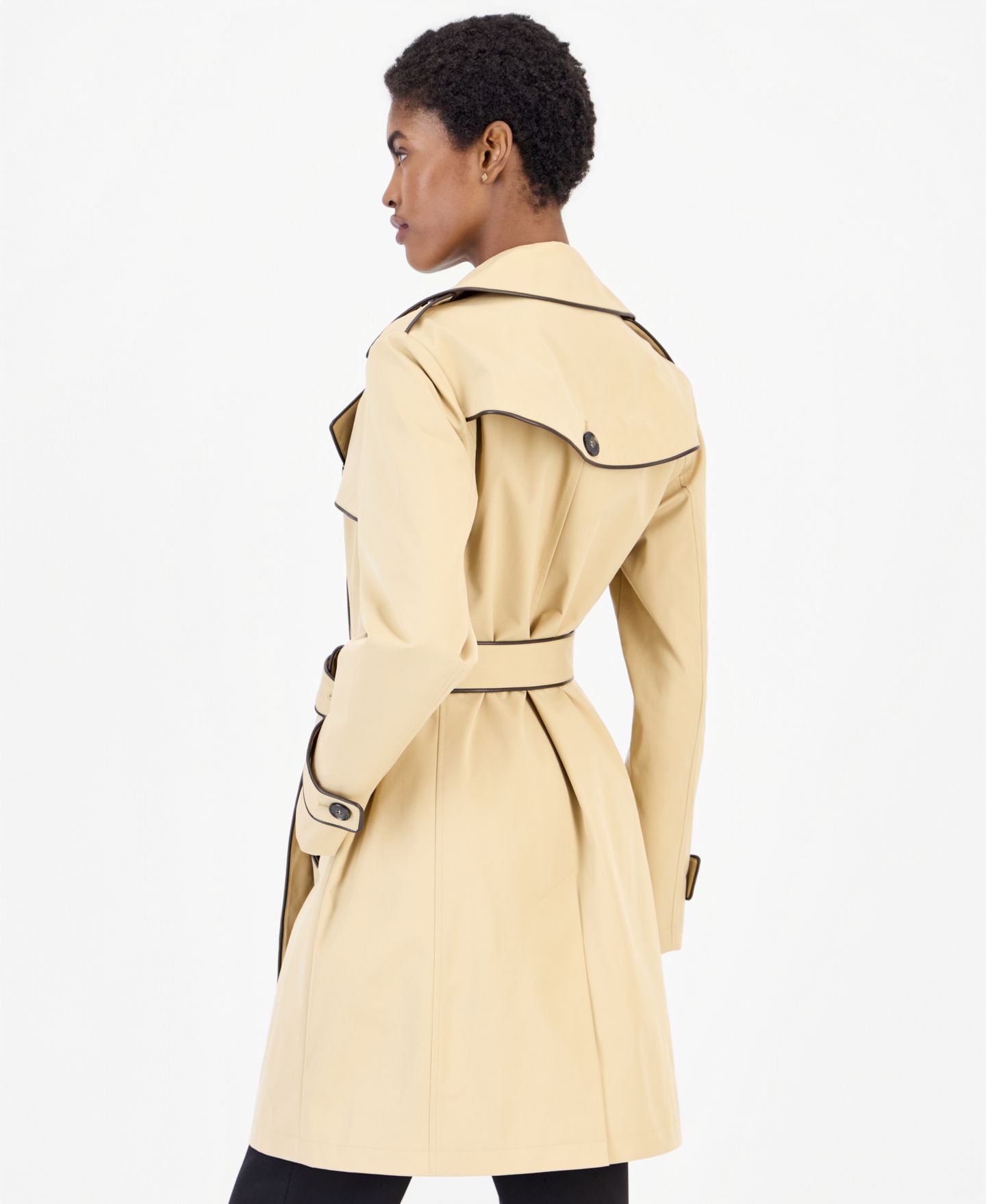 Женское пальто Michael Kors Faux Leather-Trim Button-Front Trench, цвет: Хаки — фото 5