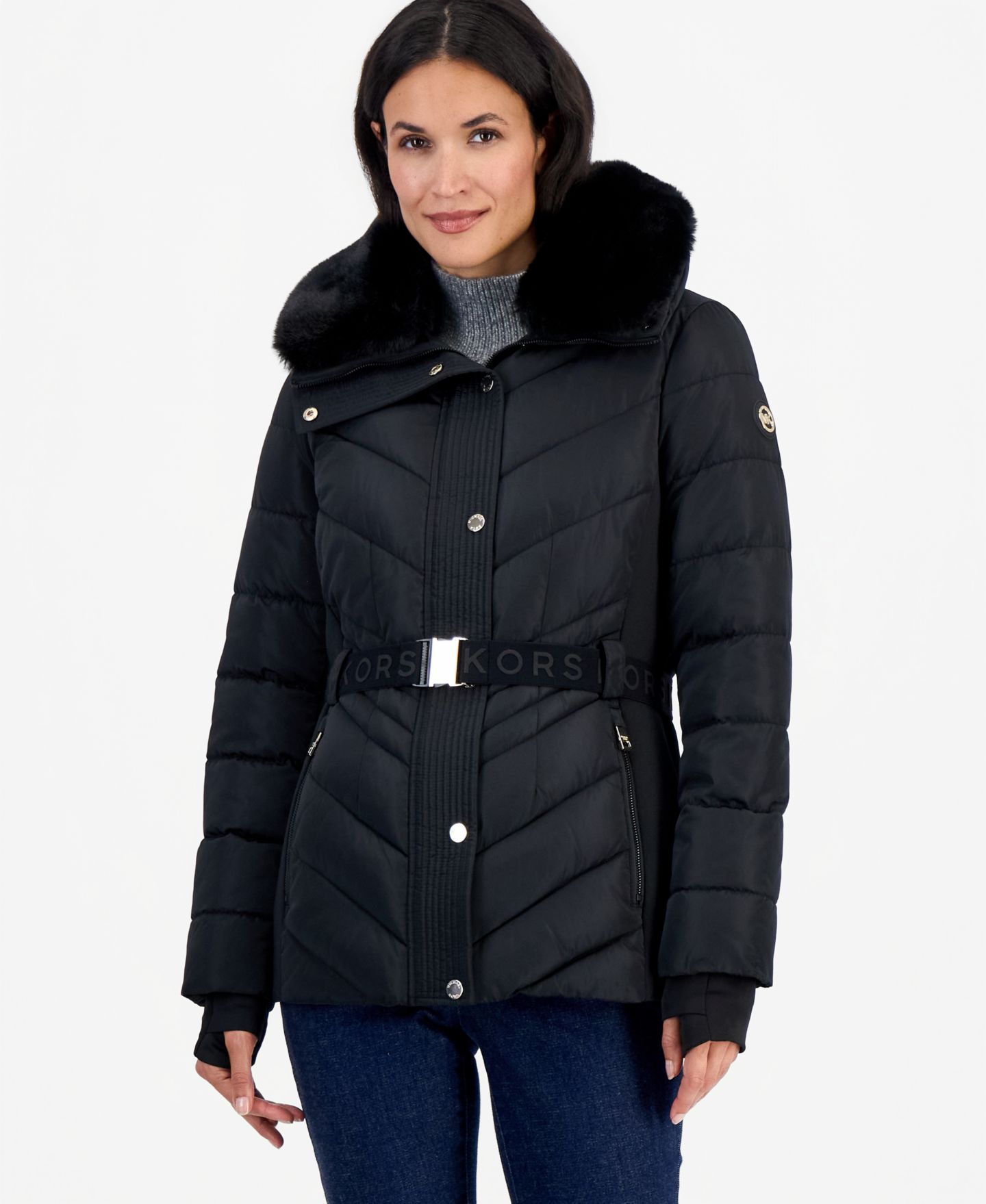 Женская куртка Michael Kors Belted Hooded Faux Fur Collar Puffer, цвет: Чёрный — фото 1