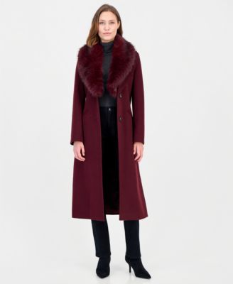 Women's Belted Faux-Fur Trimmed Wrap Coat