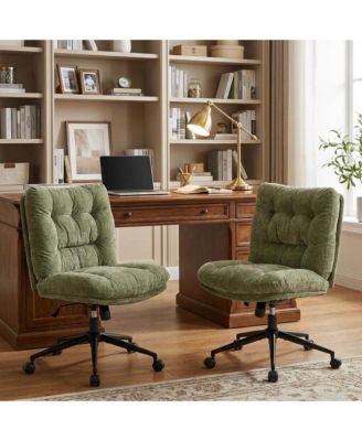 Set of 2 Green Armless Office Chair, Plush Chenille Swivel Vanity Chair with Wheels, Height Adjustable Wide Seat