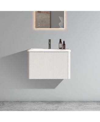24'' Wall Mounted Bathroom Vanity with Integrated Ceramic Sink, Oak Floating Bathroom Vanity without Faucet, Pre-assembled