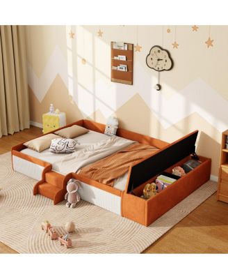  Velvet Upholstered Daybed with Stairs and Gas Lift Storage