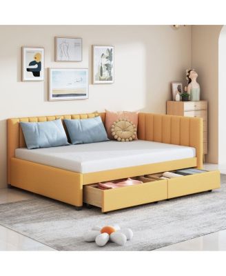 Full Size Upholstered Daybed with 2 Storage Drawers, Linen