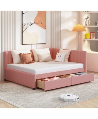  Full Size Upholstered Daybed with 2 Storage Drawers, Linen