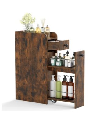 Slim Bathroom Storage Cabinet with Slide Out Drawer Spacious Top Rolling Wheels