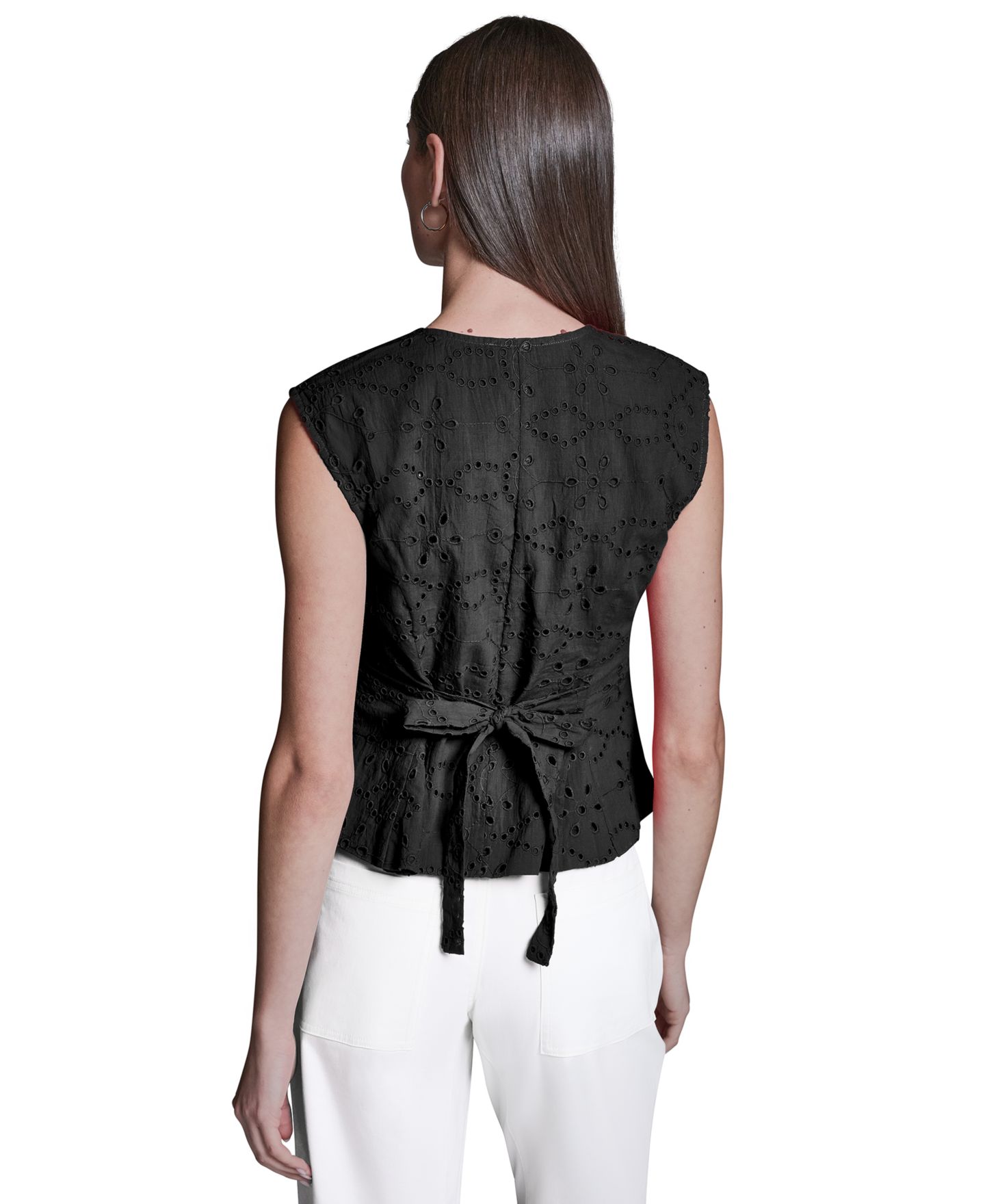 Женский топ BCBG Eyelet Detail Sleeveless Square Neck Peplum, цвет: Чёрный — фото 4